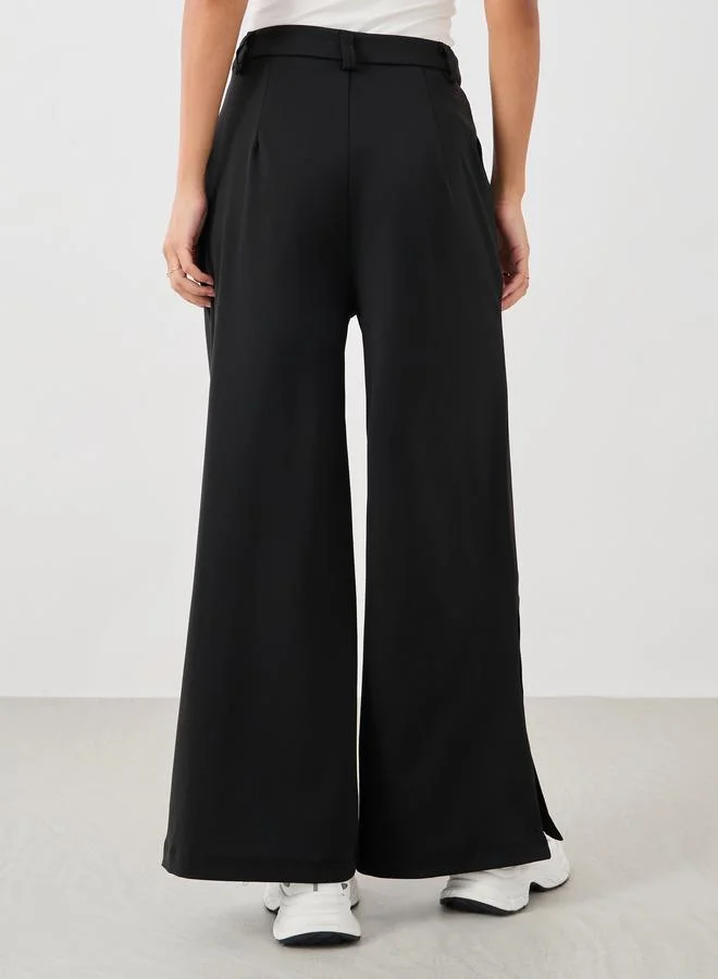 Styli Styli Solid Pin Tuck Detail Wide Leg Pants with Side Seam Buttons