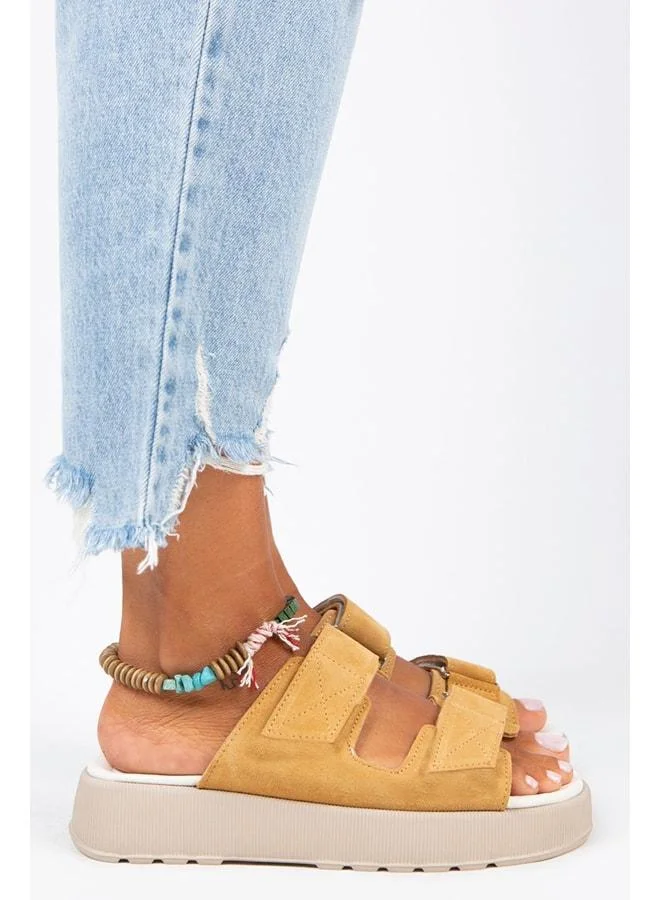 Farah Women's Genuine Leather Double Strap Light Mustard Slippers - Yellow