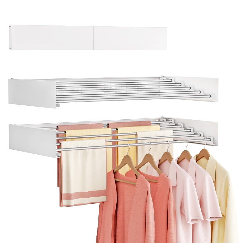 Vasunray Wall Mounted Clothes Drying Rack Folding Indoor Foldable Laundry Drying Rack CollapsibleInvisible Space Saving Retractable Towel Drying Rack with Wall Template5 Drying Rods White 32