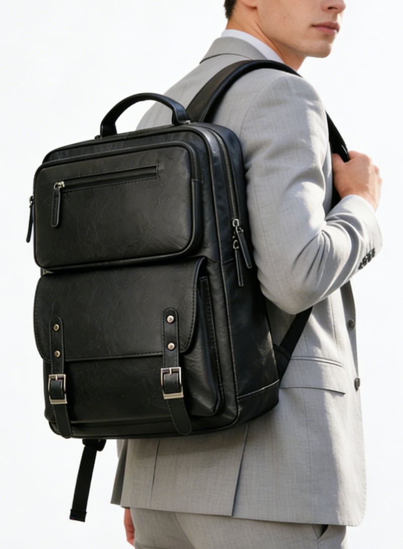 Premium PU Leather Men's Laptop Backpack, 15.6 Inch Business Travel Bag, Water-Resistant Daypack - Black - Image 1