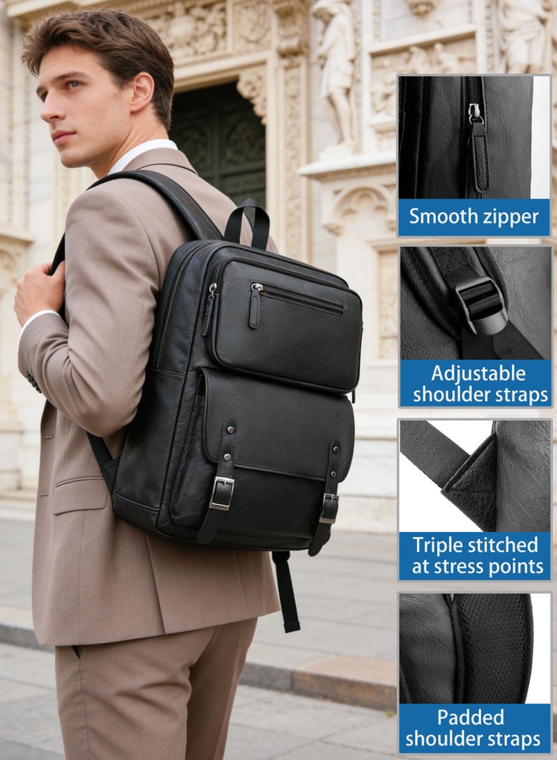 Premium PU Leather Men's Laptop Backpack, 15.6 Inch Business Travel Bag, Water-Resistant Daypack - Black - Image 5