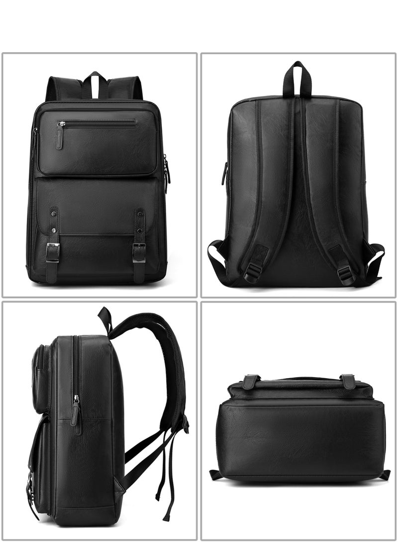Premium PU Leather Men's Laptop Backpack, 15.6 Inch Business Travel Bag, Water-Resistant Daypack - Black - Image 4