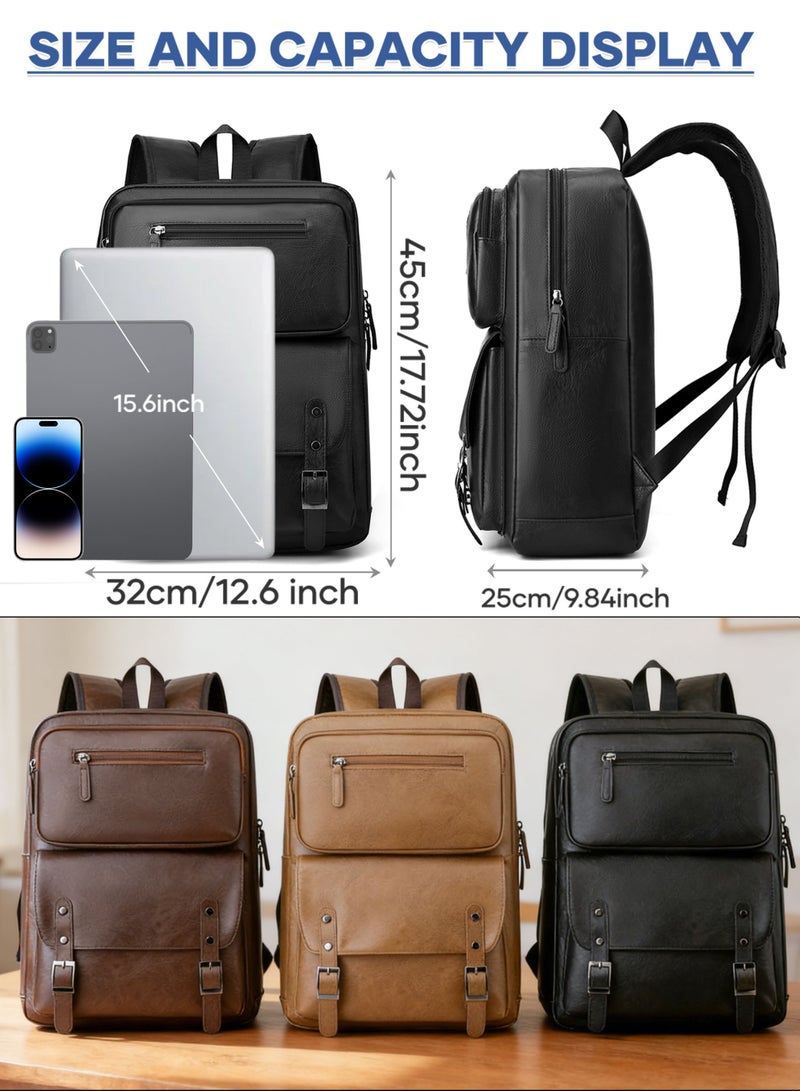Premium PU Leather Men's Laptop Backpack, 15.6 Inch Business Travel Bag, Water-Resistant Daypack - Black - Image 2