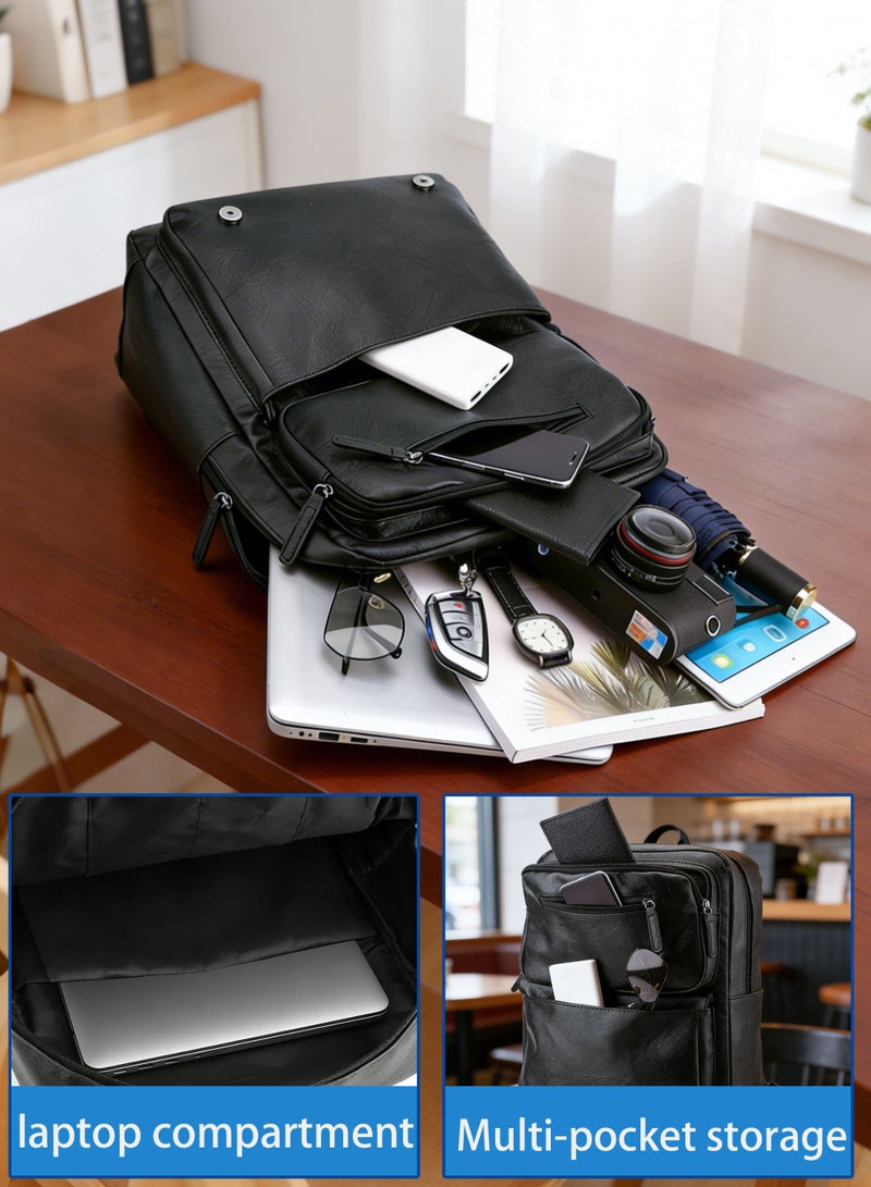 Premium PU Leather Men's Laptop Backpack, 15.6 Inch Business Travel Bag, Water-Resistant Daypack - Black - Image 3