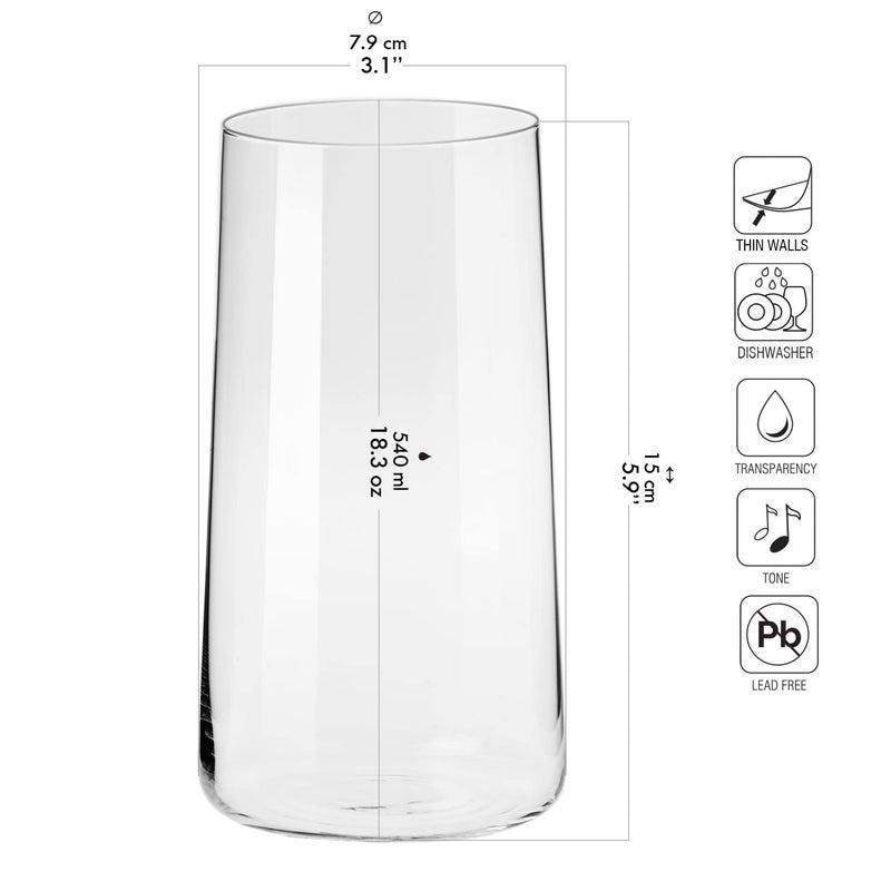 Krosno Tall Water Glasses, Set of 6, 18.3 oz, Avant-Garde Collection, Lightweight Crystal Glass, Perfect for Everyday, Dishwasher Safe, Made in Europe - Image 2