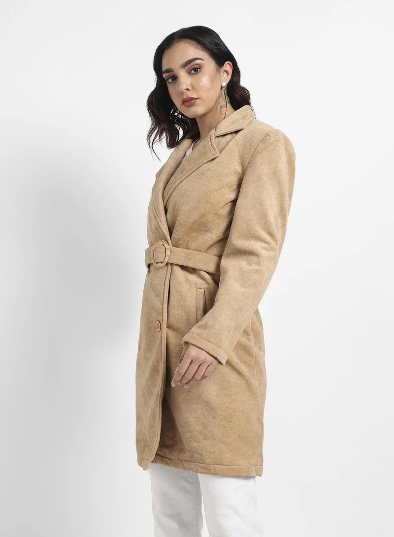 Campus Sutra Women's Beige Single-Breasted Long Coat With Belted Waist