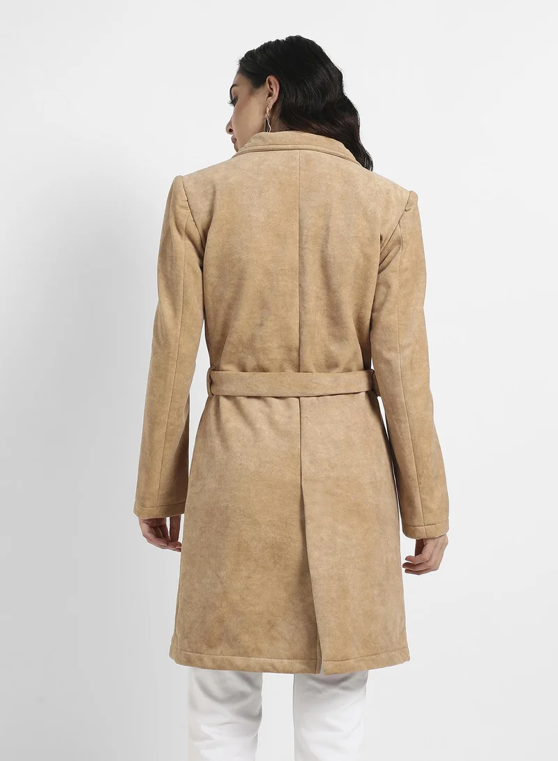 Campus Sutra Women's Beige Single-Breasted Long Coat With Belted Waist