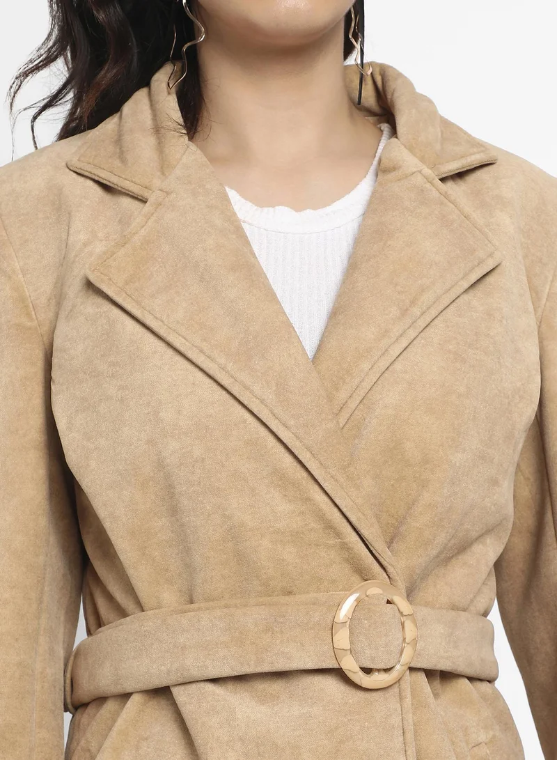 Campus Sutra Women's Beige Single-Breasted Long Coat With Belted Waist