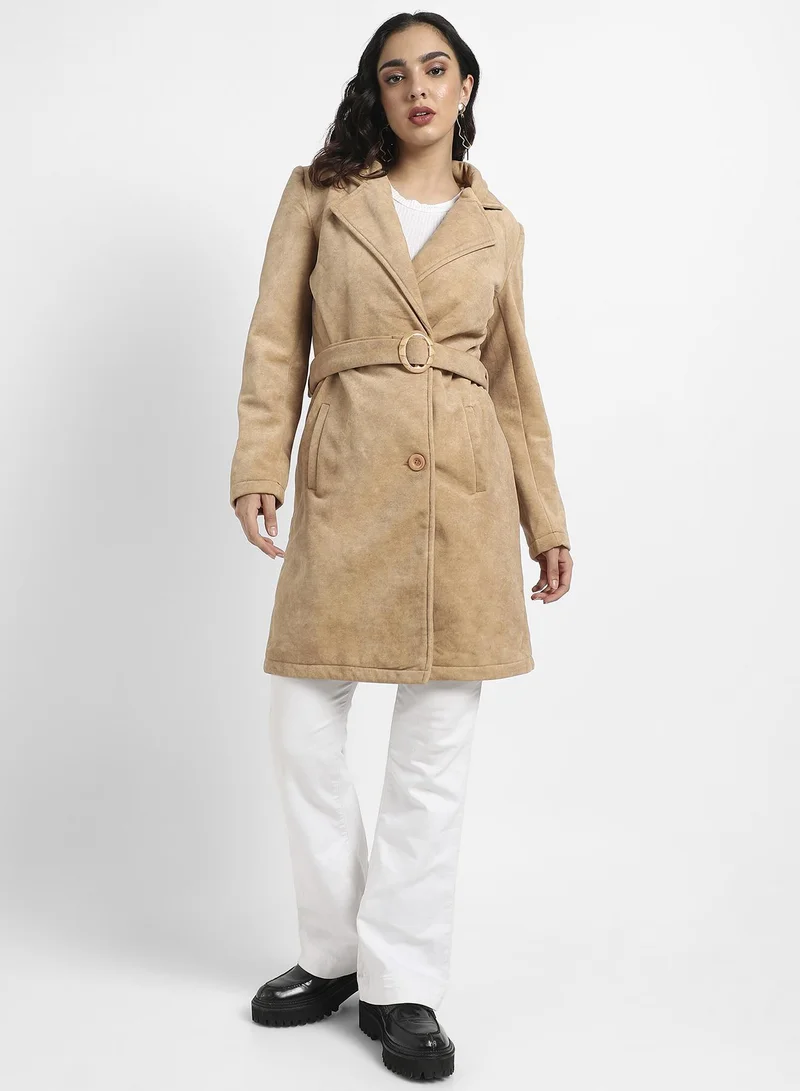 Campus Sutra Women's Beige Single-Breasted Long Coat With Belted Waist