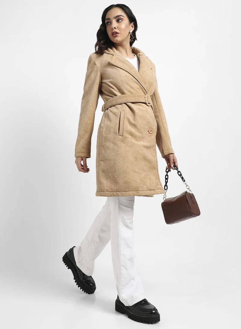 Campus Sutra Women's Beige Single-Breasted Long Coat With Belted Waist