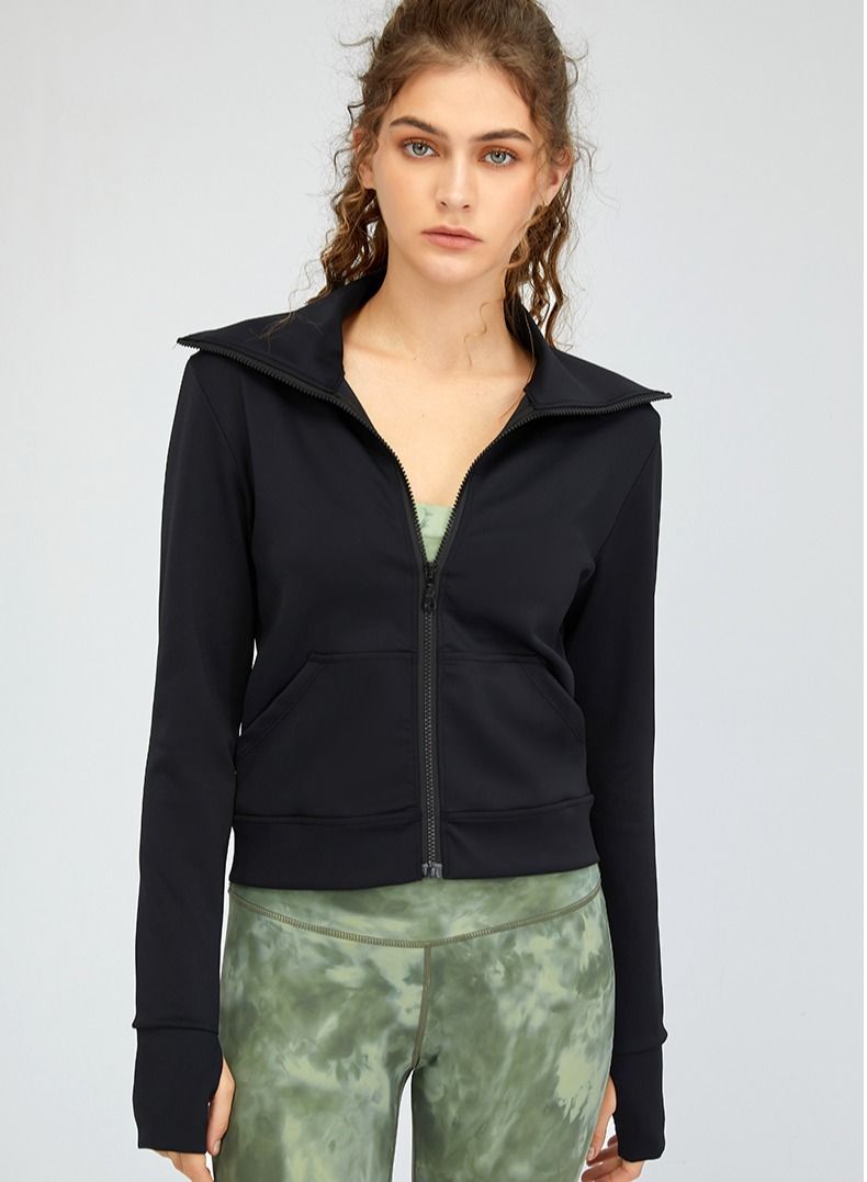 Loquat Autumn winter new fitness sports high collar yoga wear women thumb sleeve zipper quick dry loose long sleeve coat 