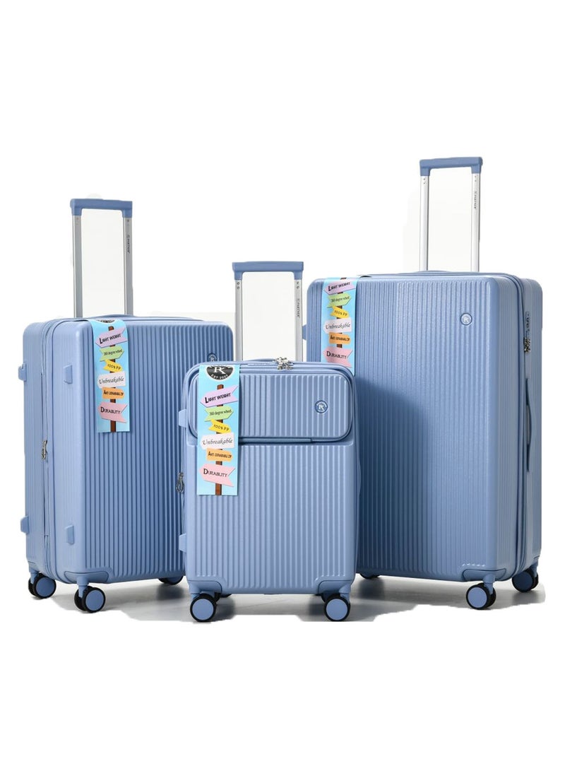 PK 3 PCS TROLLEY LUGGAGE FRONT OPEN POLY CARBON MATERIAL, LUGGAGE SUITCASE SET AND CABIN LUGGAGE BAG SET BLUE COLOUR - Image 1