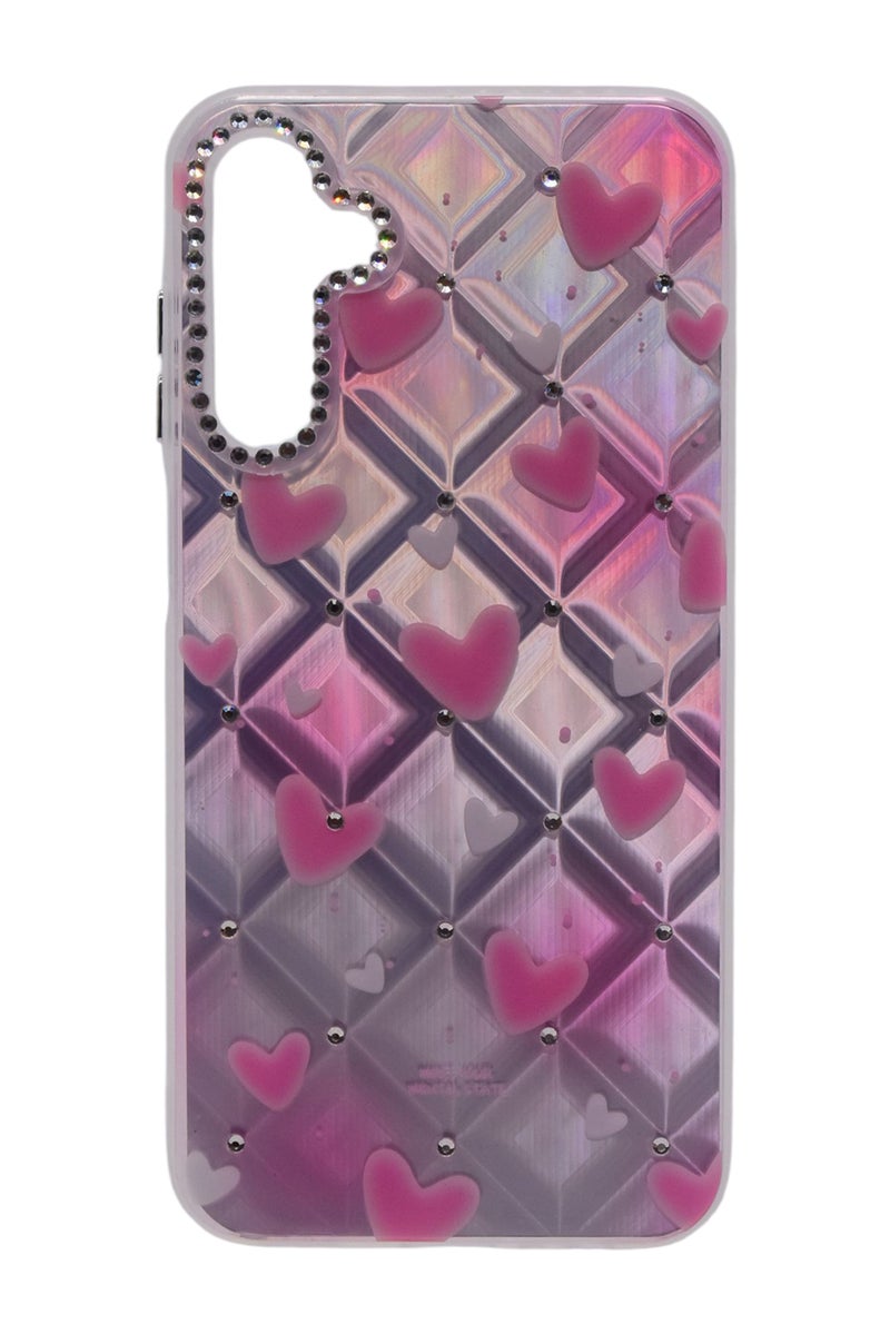 CFS TPU Heart Printed Back Cover Case with Rhinestone Camera Border For Samsung Galaxy A15 - Pink Transparent - Image 1