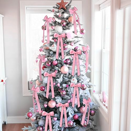 Hongsome 12Pcs Pink Velvet Bows Christmas Tree Decorations,5in x 10in Xmas Ornaments for Tree Home Coquette Room Birthday Party Front Door Wedding Holiday Decor - Image 4
