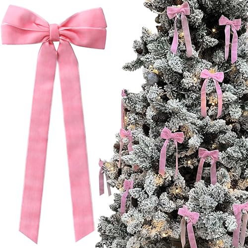 Hongsome 12Pcs Pink Velvet Bows Christmas Tree Decorations,5in x 10in Xmas Ornaments for Tree Home Coquette Room Birthday Party Front Door Wedding Holiday Decor - Image 1