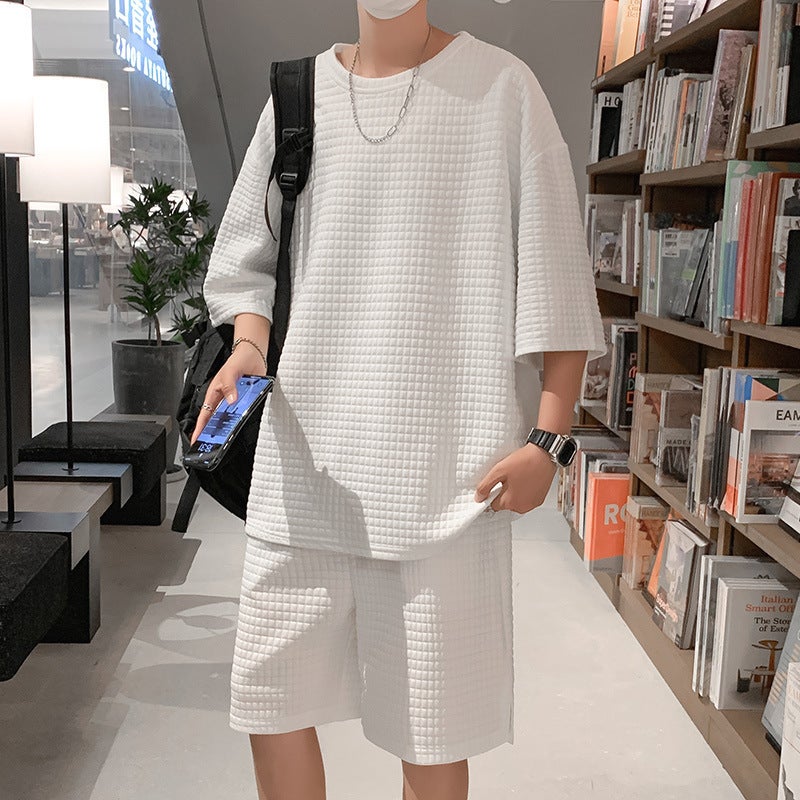 Mens Waffle Grid Sportswear Set Cool Tee Outfit gray top  - Image 5