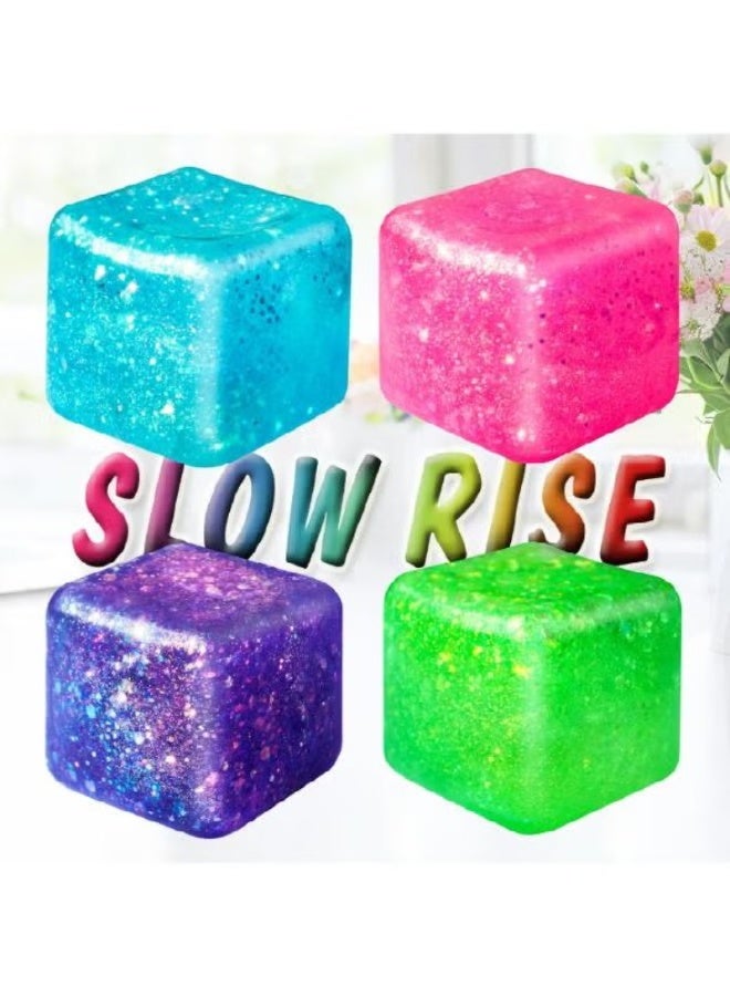 4 Pcs Slow Rise Glitter Squishy Cubes, High Density Gel Stress Relief Fidget Toys for Adults - Image 1