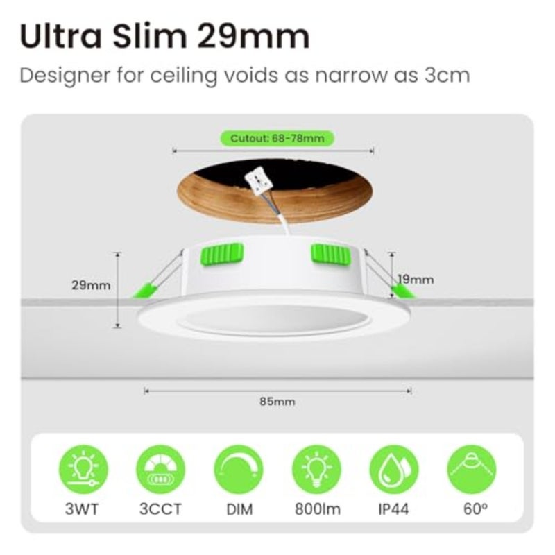 LIGHTING 60°4W/6W/8W Adjustable Recessed LED Spotlight Dimmable 230V, 3CCT 3000K/4000K/6500K Waterproof IP44 Adjustable Recessed Ceiling Light for Bathroom, Living Room, Pack of 10, Round - Image 2