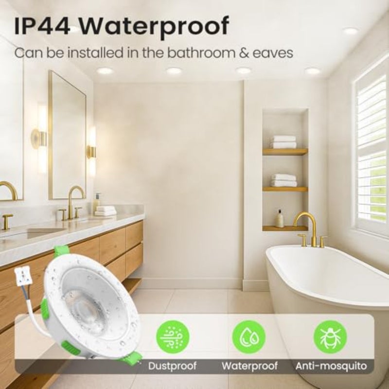 LIGHTING 60°4W/6W/8W Adjustable Recessed LED Spotlight Dimmable 230V, 3CCT 3000K/4000K/6500K Waterproof IP44 Adjustable Recessed Ceiling Light for Bathroom, Living Room, Pack of 10, Round - Image 5
