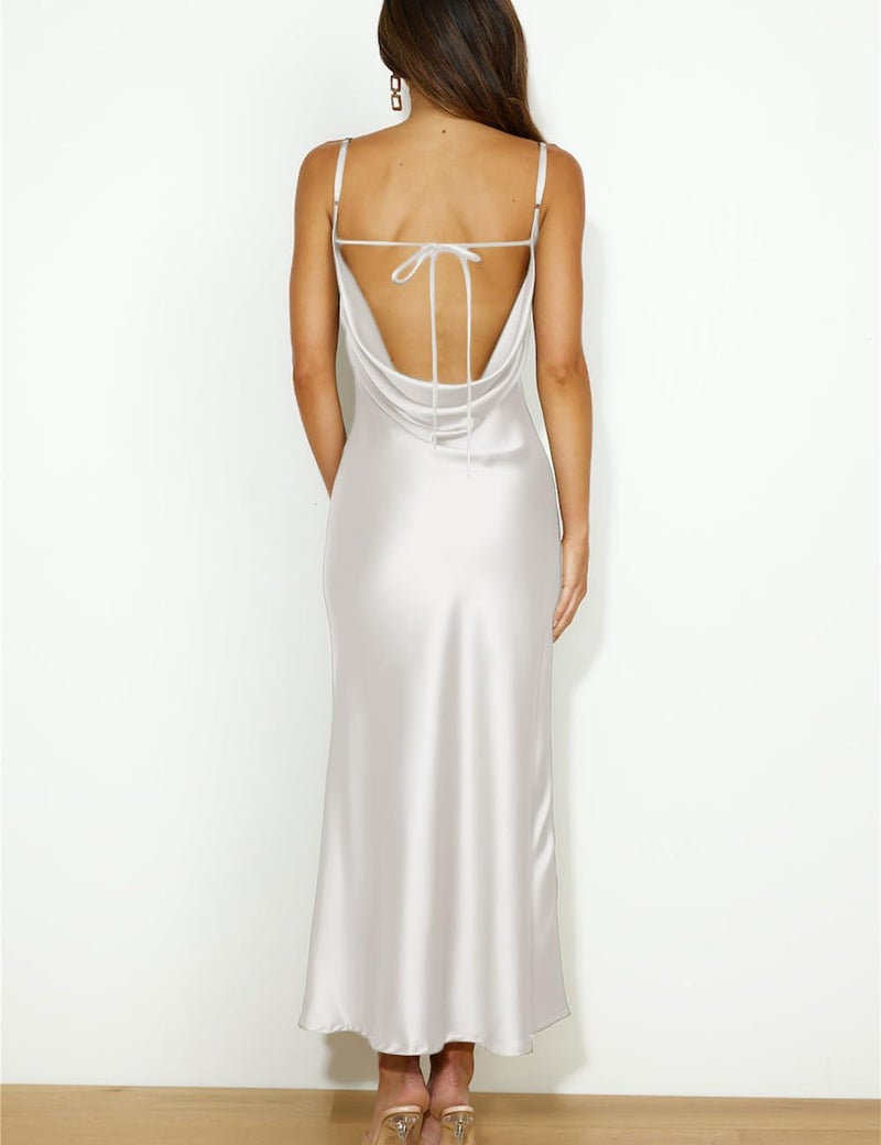 Mogidol Summer Satin Spaghetti Strap Cowl Neck Backless Midi Dresses for Women Elegant Tie Low Back Ruched Cocktail Dress White - Image 2