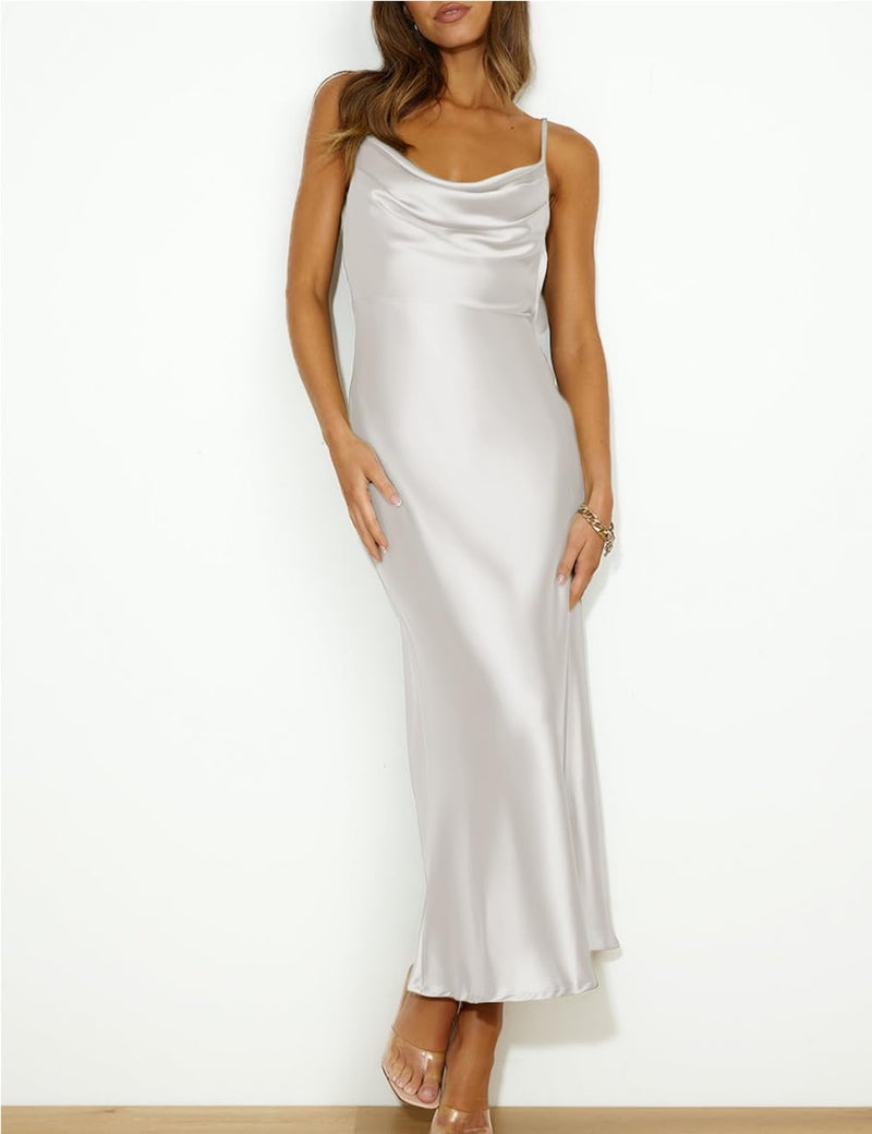 Mogidol Summer Satin Spaghetti Strap Cowl Neck Backless Midi Dresses for Women Elegant Tie Low Back Ruched Cocktail Dress White - Image 4
