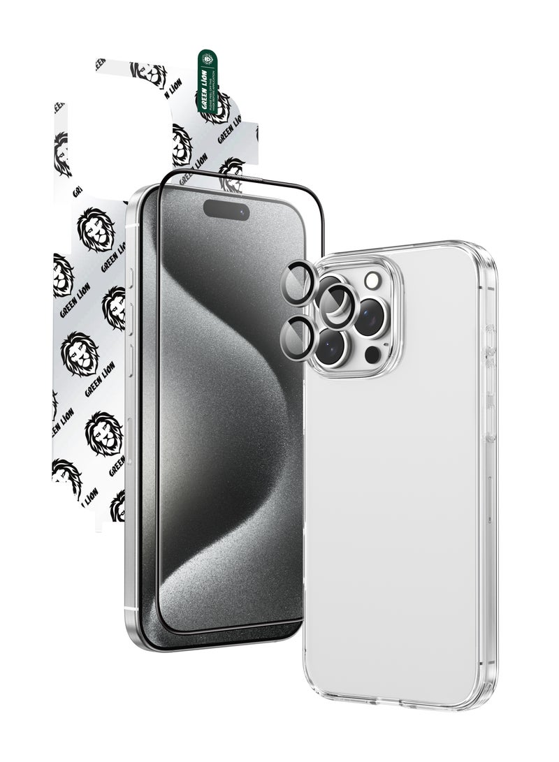 GREEN LION 4 In 1 Defender Pack for iPhone 16 Pro / Anti-Shock Case / Crystal Clear / 360°Comprehensive Protection / Anti-Yellowing / Nano HD Full Protection / High Quality / Camera Lens Film / HD Anti-Reflection / Maximum Protection / Anti Fingerprint & Scratch / 3D Pet HD Glass / Durable / HD Clarity / Anti-Broken Edges - White Titanium  - Image 1