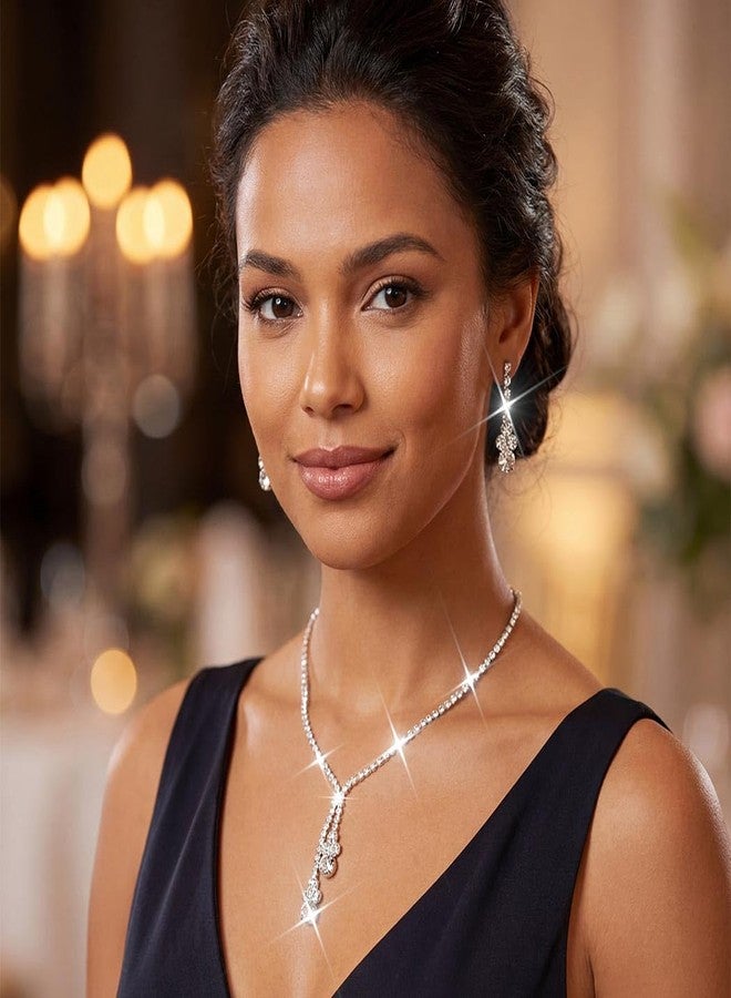 يونيكرا طقم مجوهرات زفاف من الفضة والكريستال من يونيكرا برايد، يتضمن قلادة وأقراط، وقلادة تشوكر مرصعة بأحجار الراين للنساء والعرائس (مجموعة من 3 قطع). - Image 4