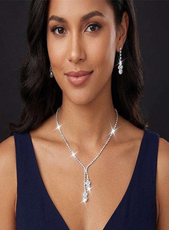 يونيكرا طقم مجوهرات زفاف من الفضة والكريستال من يونيكرا برايد، يتضمن قلادة وأقراط، وقلادة تشوكر مرصعة بأحجار الراين للنساء والعرائس (مجموعة من 3 قطع). - Image 5