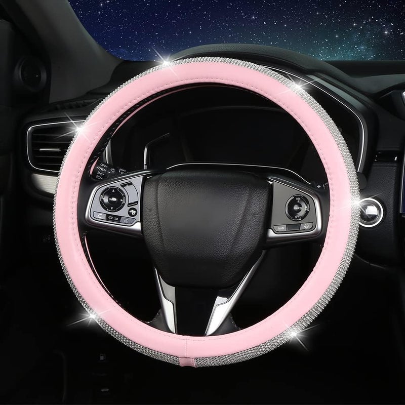 XIANGDING Steering Wheel Cover Women Pink Bling Diamond Steering Wheel Cover, Leather Cute Steering Wheel Covers with Crystal Rhinestones, Breathable, Anti-Slip Universal Fit 14.5-15 Inch Bling Car Accessories - Image 3