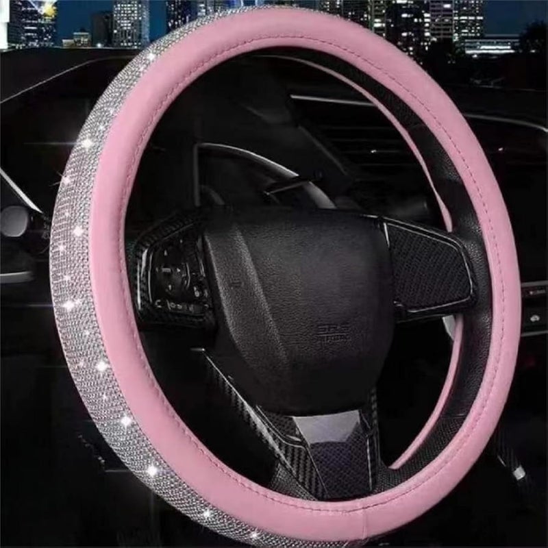 XIANGDING Steering Wheel Cover Women Pink Bling Diamond Steering Wheel Cover, Leather Cute Steering Wheel Covers with Crystal Rhinestones, Breathable, Anti-Slip Universal Fit 14.5-15 Inch Bling Car Accessories - Image 1