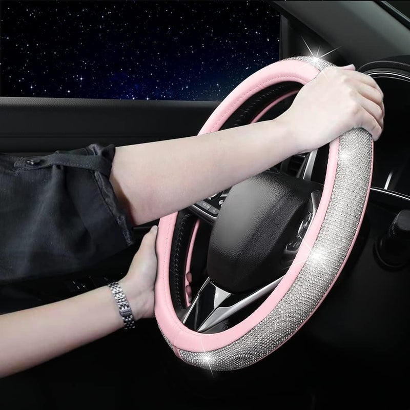 XIANGDING Steering Wheel Cover Women Pink Bling Diamond Steering Wheel Cover, Leather Cute Steering Wheel Covers with Crystal Rhinestones, Breathable, Anti-Slip Universal Fit 14.5-15 Inch Bling Car Accessories - Image 4