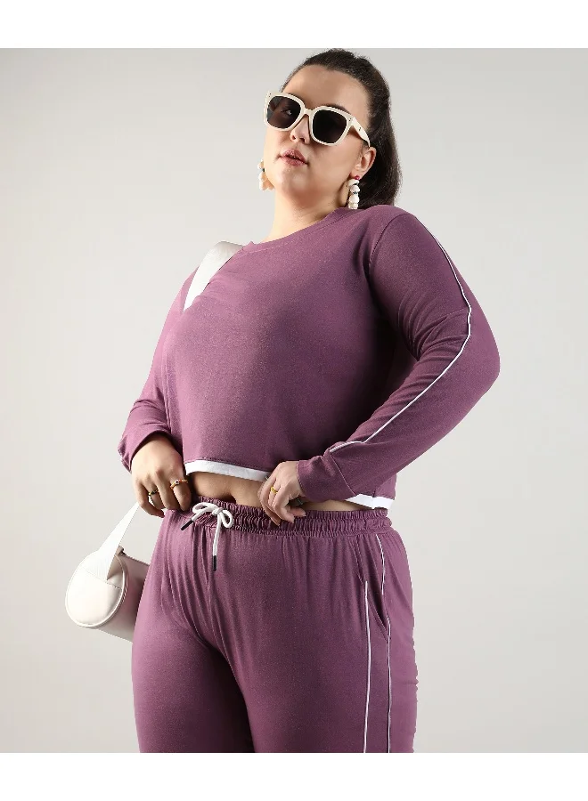 Instafab Plus Women's Solid Purple Co-Ord Set For Casual Wear | Long Sleeve | Cotton Fabric | Plus-Size Crew Neck Clothing Set Crafted With Comfort Fit And High Performance  For Everyday Wear