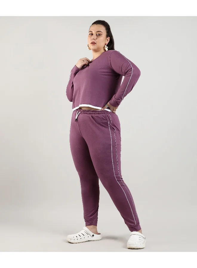 Instafab Plus Women's Solid Purple Co-Ord Set For Casual Wear | Long Sleeve | Cotton Fabric | Plus-Size Crew Neck Clothing Set Crafted With Comfort Fit And High Performance  For Everyday Wear