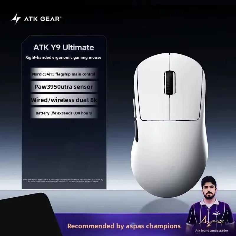 ATK Y9 Ultimate Lightweight Gaming Mouse, Three-Mode, Paw3950 Sensor, 8K, Ergonomic, White - Image 1
