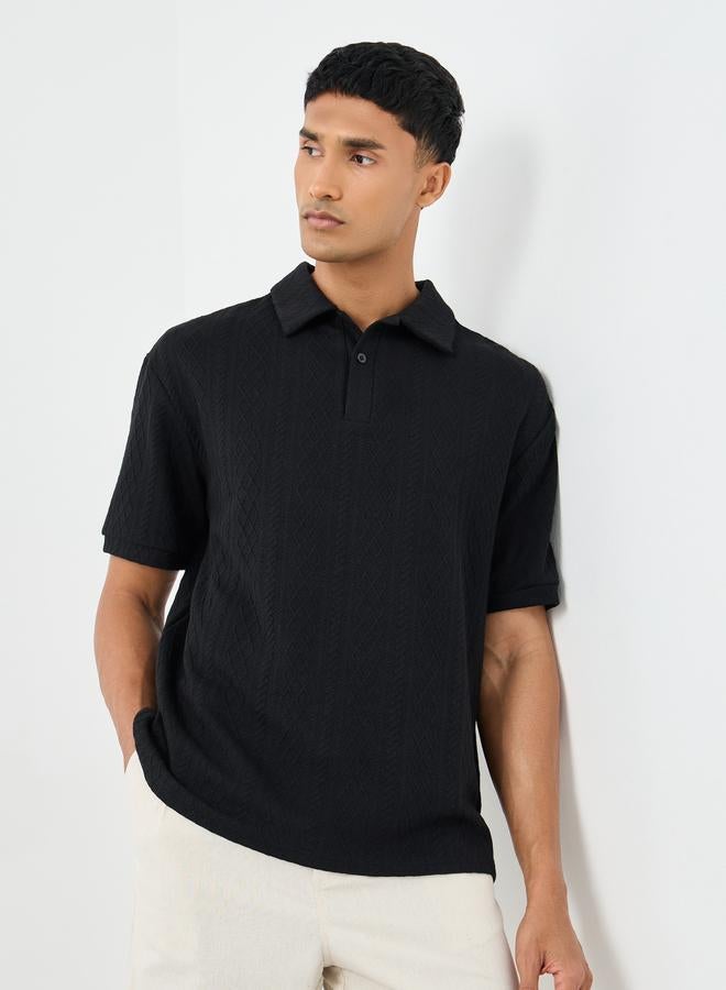 Styli Premium Cable Texture Knit Revere Collar Oversized Polo - Image 3