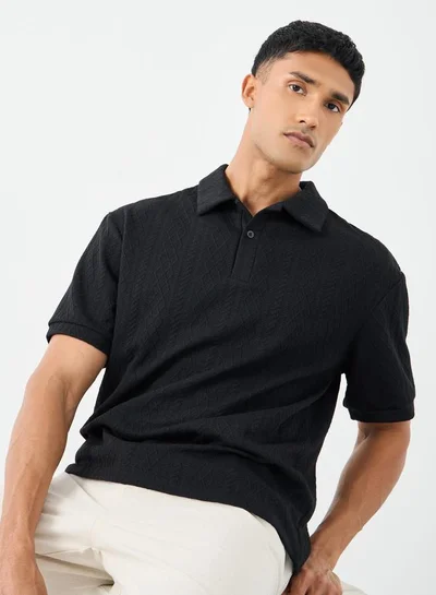 Styli Styli Premium Cable Texture Knit Revere Collar Oversized Polo