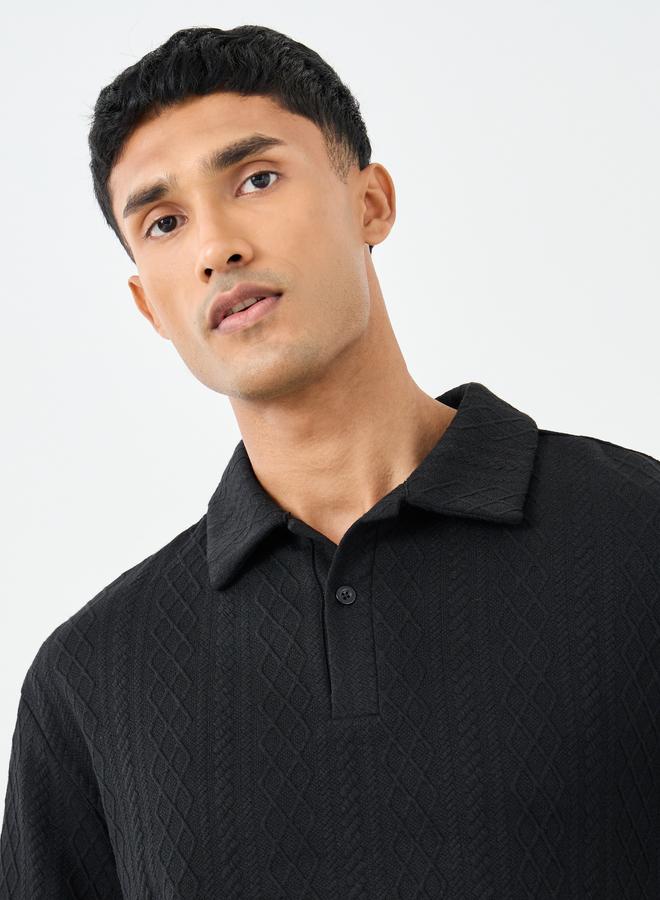 Styli Premium Cable Texture Knit Revere Collar Oversized Polo - Image 4