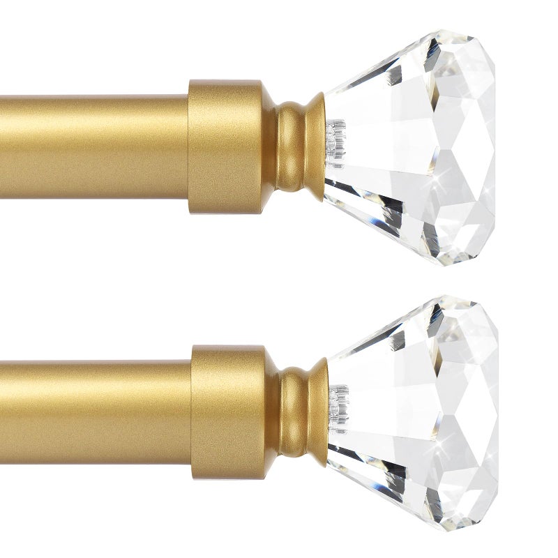 Knobelite Gold 2 Pack Window Treatment Single Curtain Rod, Adjustable Drapery Rod Set from 48 to 86 Inches with Crystal Finial Finials(4-7.2ft), 1-Inch Diameter Curtain Rods for Windows