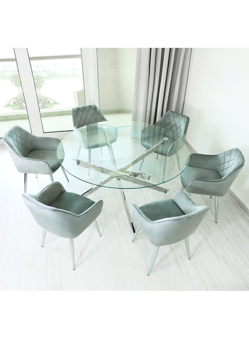VANITY LIVING 6 Seater Modern Dining Table Set with Chairs, Clear Glass Top Breakfast Dinner Table + 6 Grey Velvet Chairs with Chrome Metal Leg for Dining & Living Dining Room - Image 1