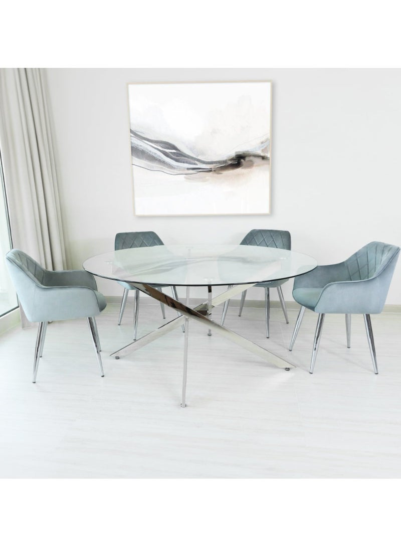 VANITY LIVING 6 Seater Modern Dining Table Set with Chairs, Clear Glass Top Breakfast Dinner Table + 6 Grey Velvet Chairs with Chrome Metal Leg for Dining & Living Dining Room - Image 4