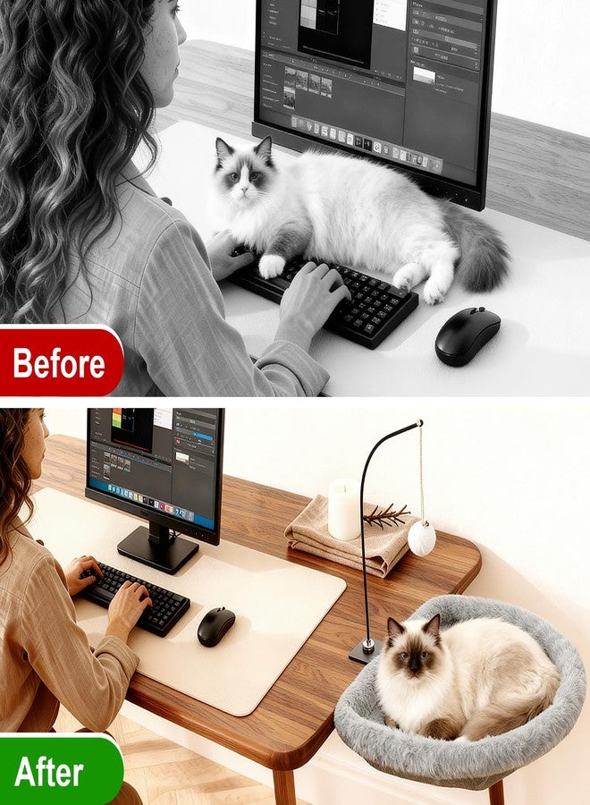 dulvus Cat Desk Bed - 17x18 in Cat Desk Perch for Remote Workers, Gamers and Office Staff - Desktop Suspended Cat's Bed (Holds up to 40 lb) - Foldable Cats Hammock Desk for Removable Cover and Toy Holder - Image 2