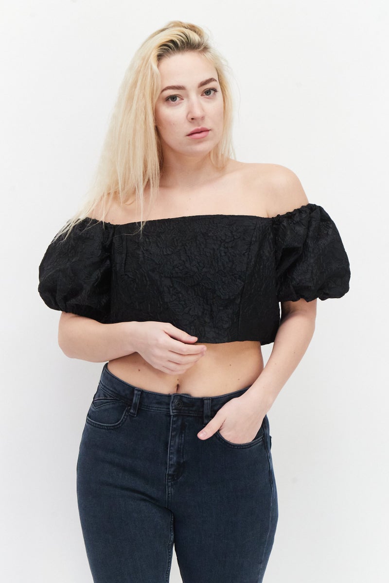 RIVER ISLAND Women Square Neck Short Sleeve Floral Pattern Crop Top, Black - Image 1