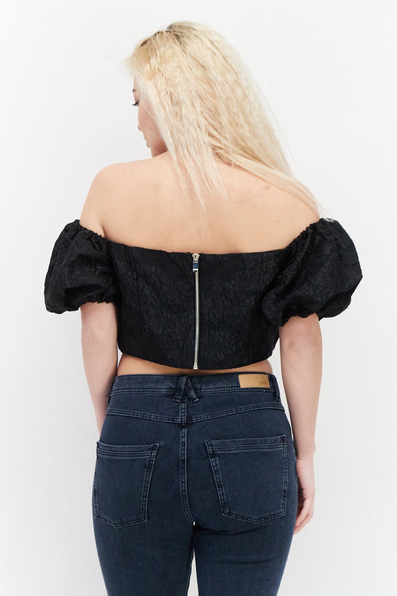 RIVER ISLAND Women Square Neck Short Sleeve Floral Pattern Crop Top, Black - Image 3