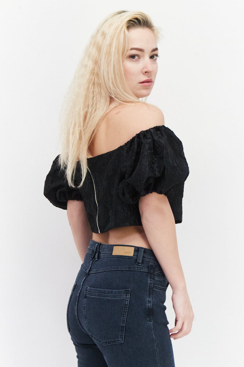 RIVER ISLAND Women Square Neck Short Sleeve Floral Pattern Crop Top, Black - Image 4