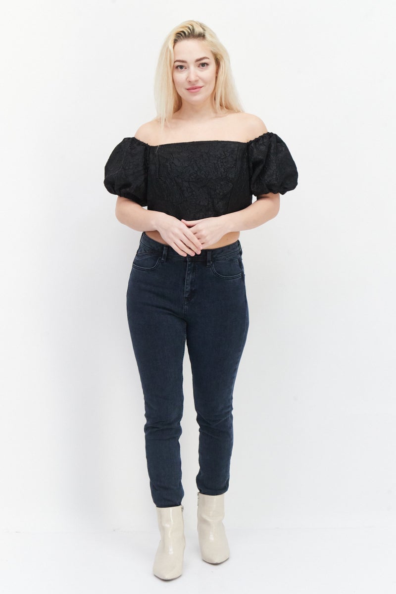 RIVER ISLAND Women Square Neck Short Sleeve Floral Pattern Crop Top, Black - Image 4
