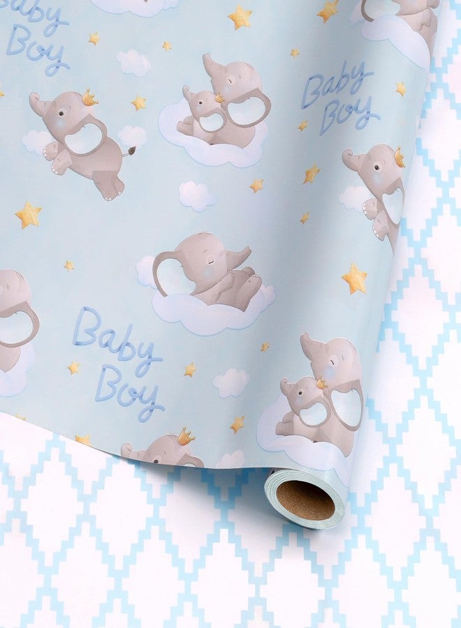 LaRibbons Reversible Baby Boy Wrapping Paper, 17 Inch X 33 Feet, Blue Elephant & Blue Quilted Diamond Design for Baby Shower, Birthday, Party, Holiday - Image 1