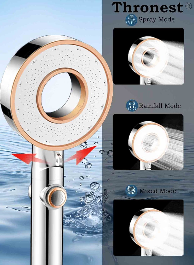 عرش طقم دش عالي الضغط بتصميم دونات مع 3 سرعات وتقنية توفير المياه | توقف بلمسة واحدة + خرطوم 1.5 متر وحامل بدون حفر ， فضي (مثالي للمنازل السعودية الموفرة للمياه) - Image 3