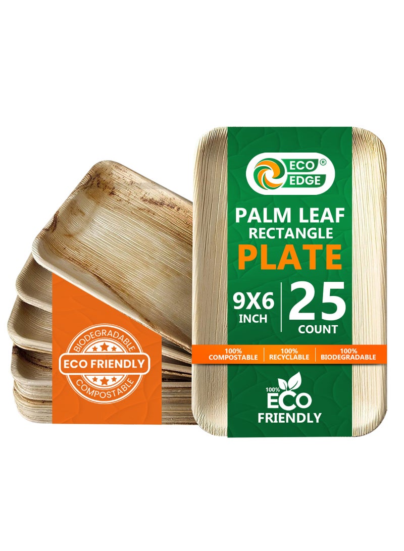 EcoEdge 9x6 Inch Rectangle Areca Palm Leaf Disposable Plates (Pack of 25) | Plant Based, Eco-conscious, Environment friendly | Durable, Microwave Safe | For all Gatherings| 100% Biodegradable - Image 1