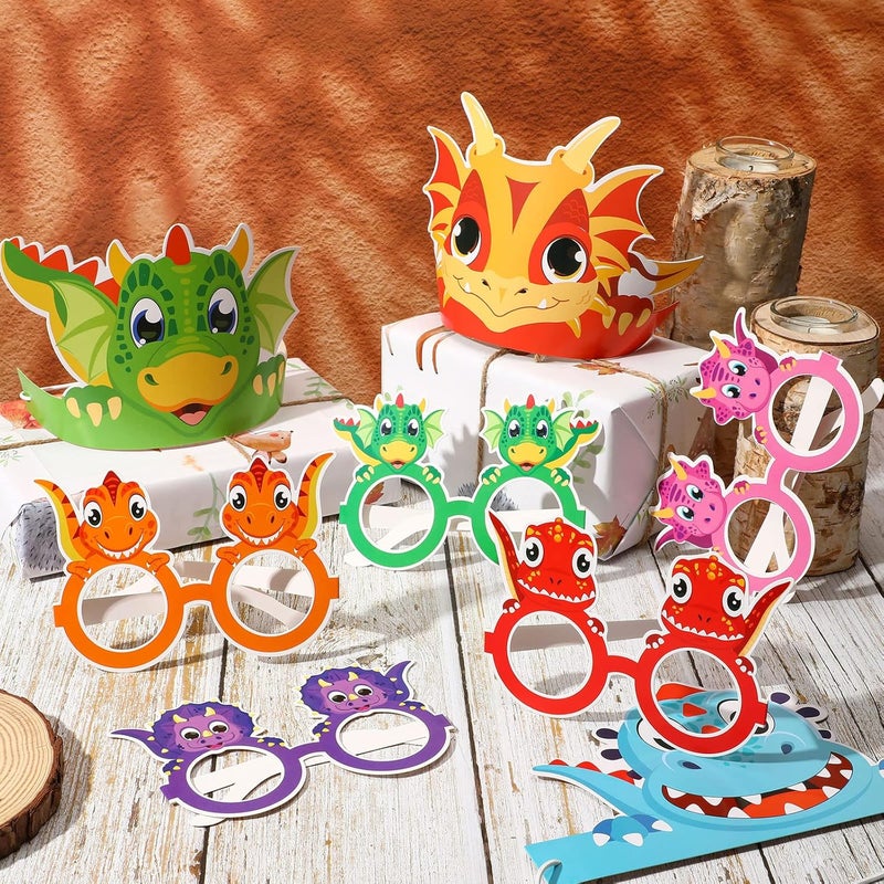 Woanger 48 قطعة لوازم حفلة عيد ميلاد الديناصورات تشمل قبعات ورقية وحلقة نظارات الديناصور مجموعة نظارات شمسية قابلة للتعديل مع 24 حبل زينة حفلة بموضوع الديناصورات للأطفال هدية عيد الميلاد دمى تصوير - Image 3
