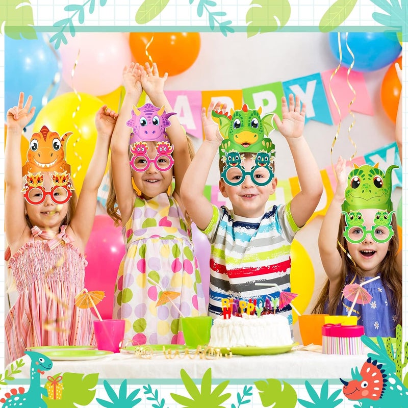 Woanger 48 قطعة لوازم حفلة عيد ميلاد الديناصورات تشمل قبعات ورقية وحلقة نظارات الديناصور مجموعة نظارات شمسية قابلة للتعديل مع 24 حبل زينة حفلة بموضوع الديناصورات للأطفال هدية عيد الميلاد دمى تصوير - Image 4